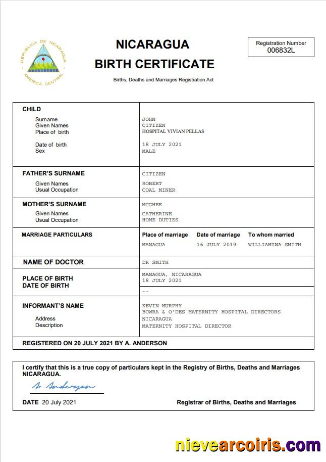 Nicaragua vital record birth certificate